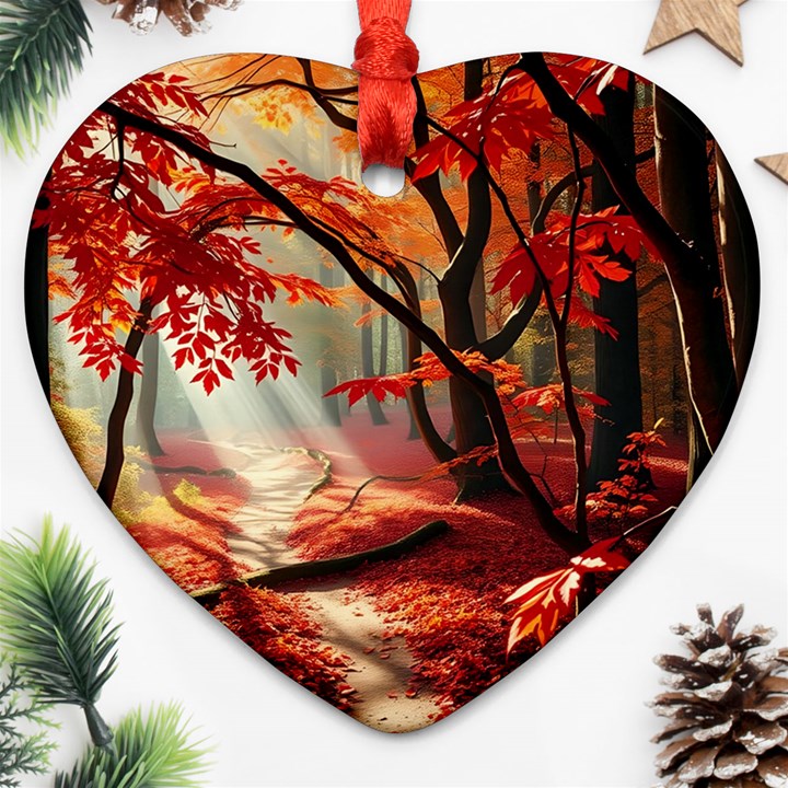 Forest Path Red Nature Ornament (Heart)