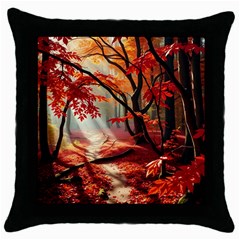 Forest Path Red Nature Throw Pillow Case (black)