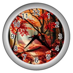 Forest Path Red Nature Wall Clock (silver)