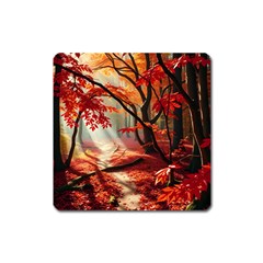 Forest Path Red Nature Square Magnet