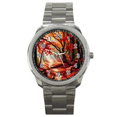 Forest Path Red Nature Sport Metal Watch