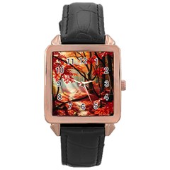 Forest Path Red Nature Rose Gold Leather Watch 