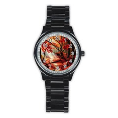 Forest Path Red Nature Stainless Steel Round Watch