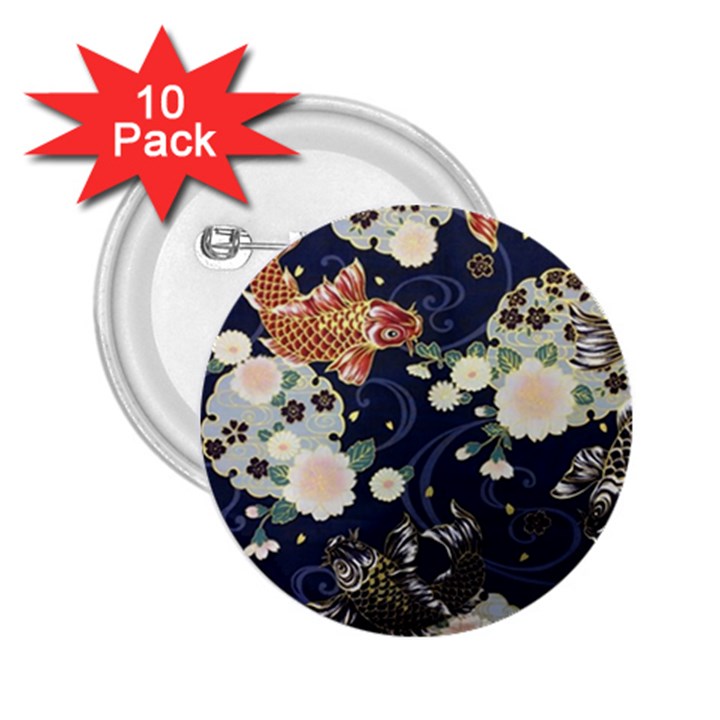 Japanese Wave Koi Illustration Pattern 2.25  Buttons (10 pack) 