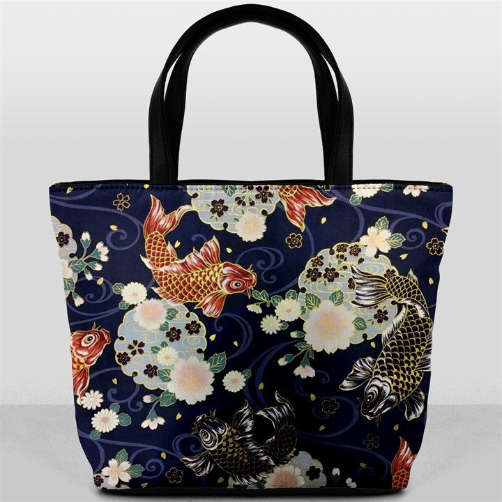 Japanese Wave Koi Illustration Pattern Bucket Bag