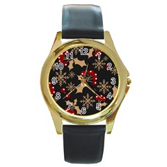 Christmas Pattern With Snowflakes Berries Round Gold Metal Watch