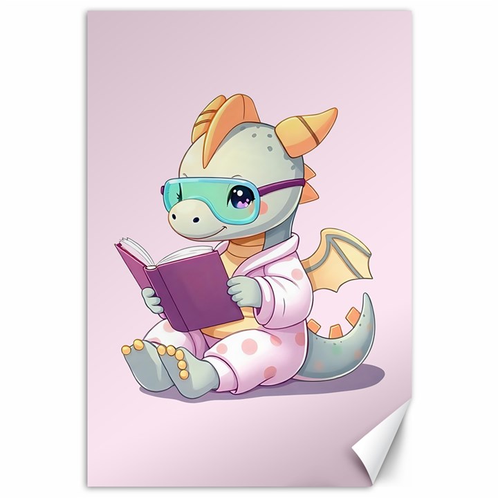 Baby dragon reading Canvas 12  x 18 