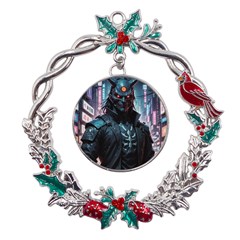 Cyberpunk Demon Samurai Metal X mas Wreath Holly Leaf Ornament by AwesomeSauce