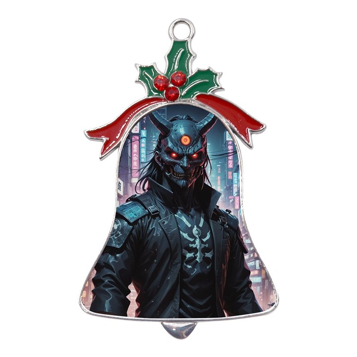 Cyberpunk Demon Samurai Metal Holly Leaf Bell Ornament