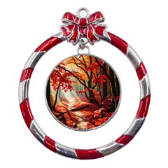 Forest Path Red Nature Metal Red Ribbon Round Ornament by Bedest