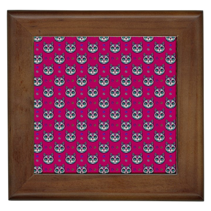 Calavera Cat Art Pattern Framed Tile