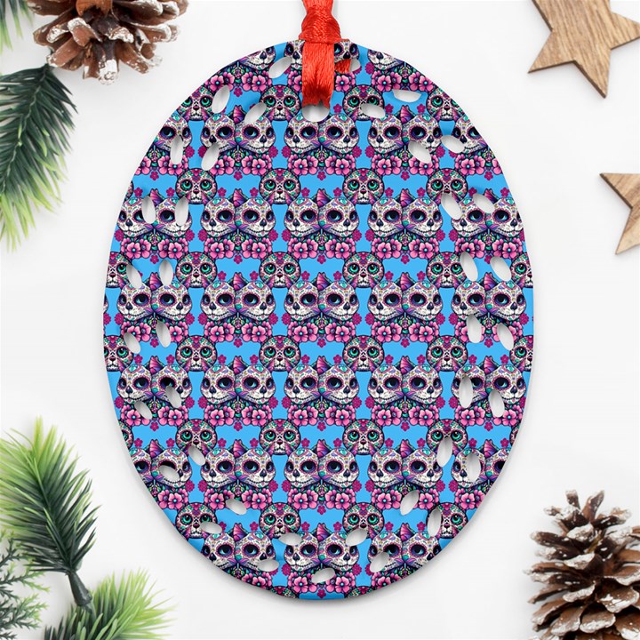 Colorful Sugar Skull Cat Pattern Ornament (Oval Filigree)