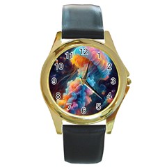 Cosmic Jellyfish Artwork Round Gold Metal Watch