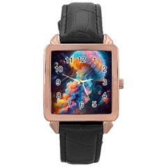 Cosmic Jellyfish Artwork Rose Gold Leather Watch  by ExtraGoodSauce