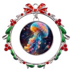 Cosmic Jellyfish Artwork Metal X mas Wreath Ribbon Ornament Front