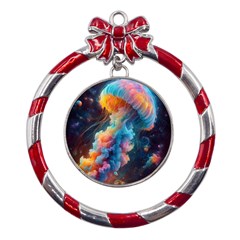 Cosmic Jellyfish Artwork Metal Red Ribbon Round Ornament