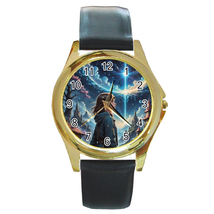 Enchanting Fantasy Night Sky Scene Round Gold Metal Watch