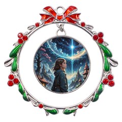 Enchanting Fantasy Night Sky Scene Metal X mas Wreath Ribbon Ornament