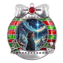 Enchanting Fantasy Night Sky Scene Metal X mas Ribbon With Red Crystal Round Ornament by ExtraGoodSauce