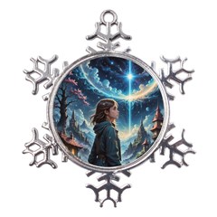 Enchanting Fantasy Night Sky Scene Metal Large Snowflake Ornament by ExtraGoodSauce