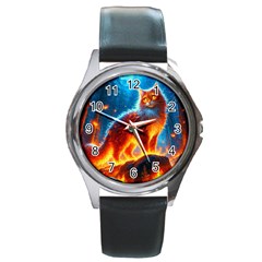 Enchanted Fire Feline Round Metal Watch by ExtraGoodSauce