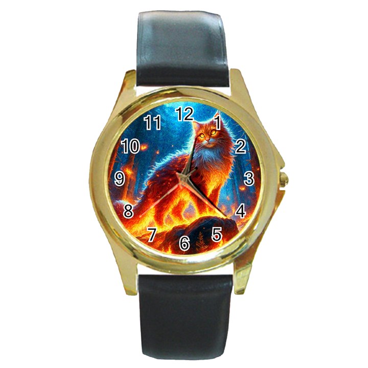 Enchanted Fire Feline Round Gold Metal Watch