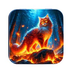 Enchanted Fire Feline Square Metal Box (black)