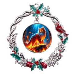 Enchanted Fire Feline Metal X mas Wreath Holly Leaf Ornament by ExtraGoodSauce