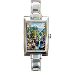 Serene Mountain Waterfall Landscape Rectangle Italian Charm Watch