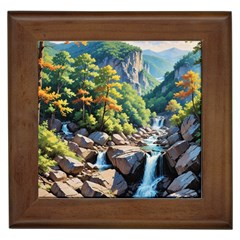 Serene Mountain Waterfall Landscape Framed Tile by ExtraGoodSauce