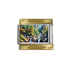 Serene Mountain Waterfall Landscape Gold Trim Italian Charm (9mm)