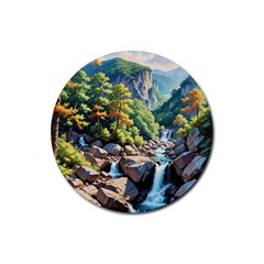 Serene Mountain Waterfall Landscape Rubber Coaster (round) by ExtraGoodSauce