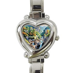 Serene Mountain Waterfall Landscape Heart Italian Charm Watch