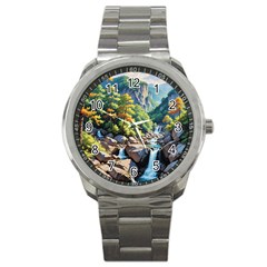 Serene Mountain Waterfall Landscape Sport Metal Watch by ExtraAwesomeSauce