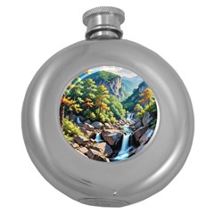 Serene Mountain Waterfall Landscape Round Hip Flask (5 Oz) by ExtraGoodSauce