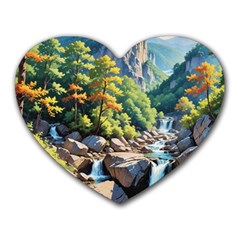 Serene Mountain Waterfall Landscape Heart Mousepad