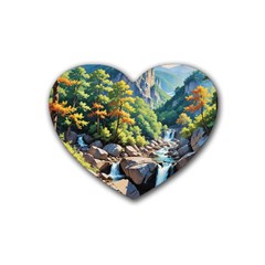 Serene Mountain Waterfall Landscape Rubber Coaster (heart) by ExtraGoodSauce