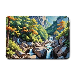 Serene Mountain Waterfall Landscape Small Doormat by ExtraGoodSauce