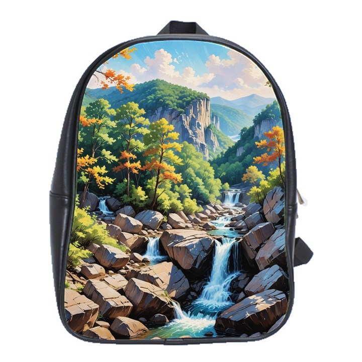 Serene Mountain Waterfall Landscape School Bag (Large)