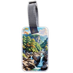 Serene Mountain Waterfall Landscape Luggage Tag (two Sides) by ExtraGoodSauce