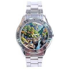 Serene Mountain Waterfall Landscape Stainless Steel Analogue Watch by ExtraGoodSauce