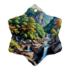 Serene Mountain Waterfall Landscape Snowflake Ornament (two Sides) by ExtraGoodSauce