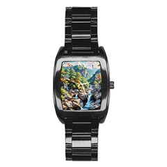 Serene Mountain Waterfall Landscape Stainless Steel Barrel Watch