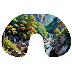 Serene Mountain Waterfall Landscape Travel Neck Pillow by ExtraGoodSauce