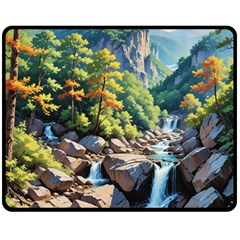 Serene Mountain Waterfall Landscape Two Sides Fleece Blanket (medium) by ExtraGoodSauce