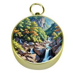 Serene Mountain Waterfall Landscape Gold Compasses by ExtraGoodSauce