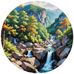 Serene Mountain Waterfall Landscape Wooden Puzzle Round by ExtraGoodSauce