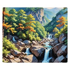 Serene Mountain Waterfall Landscape Premium Plush Fleece Blanket (small) by ExtraGoodSauce