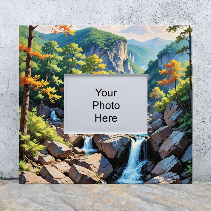 Serene Mountain Waterfall Landscape White Wall Photo Frame 5  x 7 