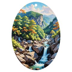 Serene Mountain Waterfall Landscape Uv Print Acrylic Ornament Oval by ExtraGoodSauce